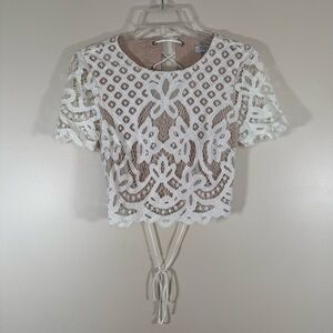 Tobi White Lace Cropped Overlay Top with Tie Back